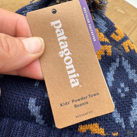 Patagonia Kids' Powder Town Blue Geometric Beanie Winter Hat NWT - Picture 4 of 8